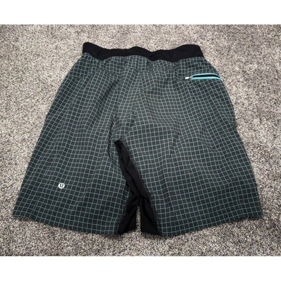 Lululemon Men's T.H.E. Shorts Double Lined Black w/ Teal Grid Pattern Small EUC - Picture 2 of 5